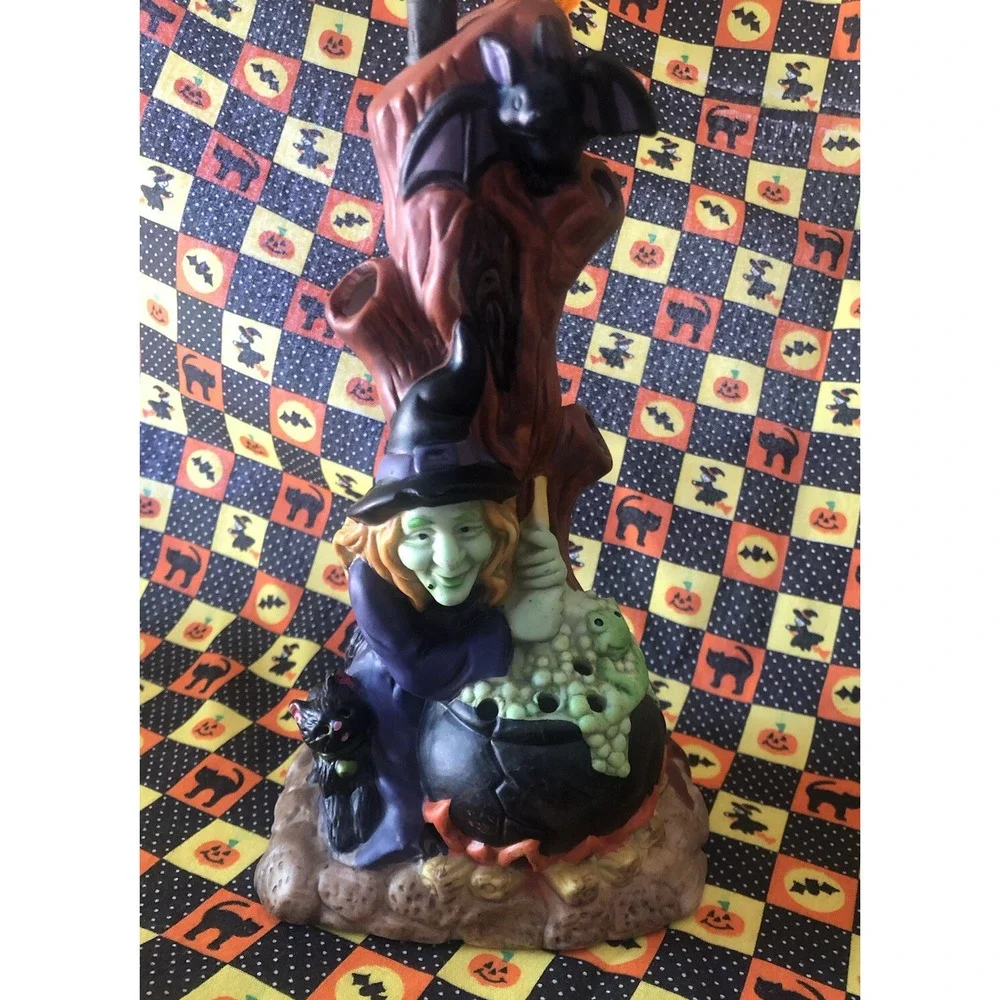 2  Ceramic Halloween Decoration Trees Witch & Frankenstein Orange Pumpkin Strand